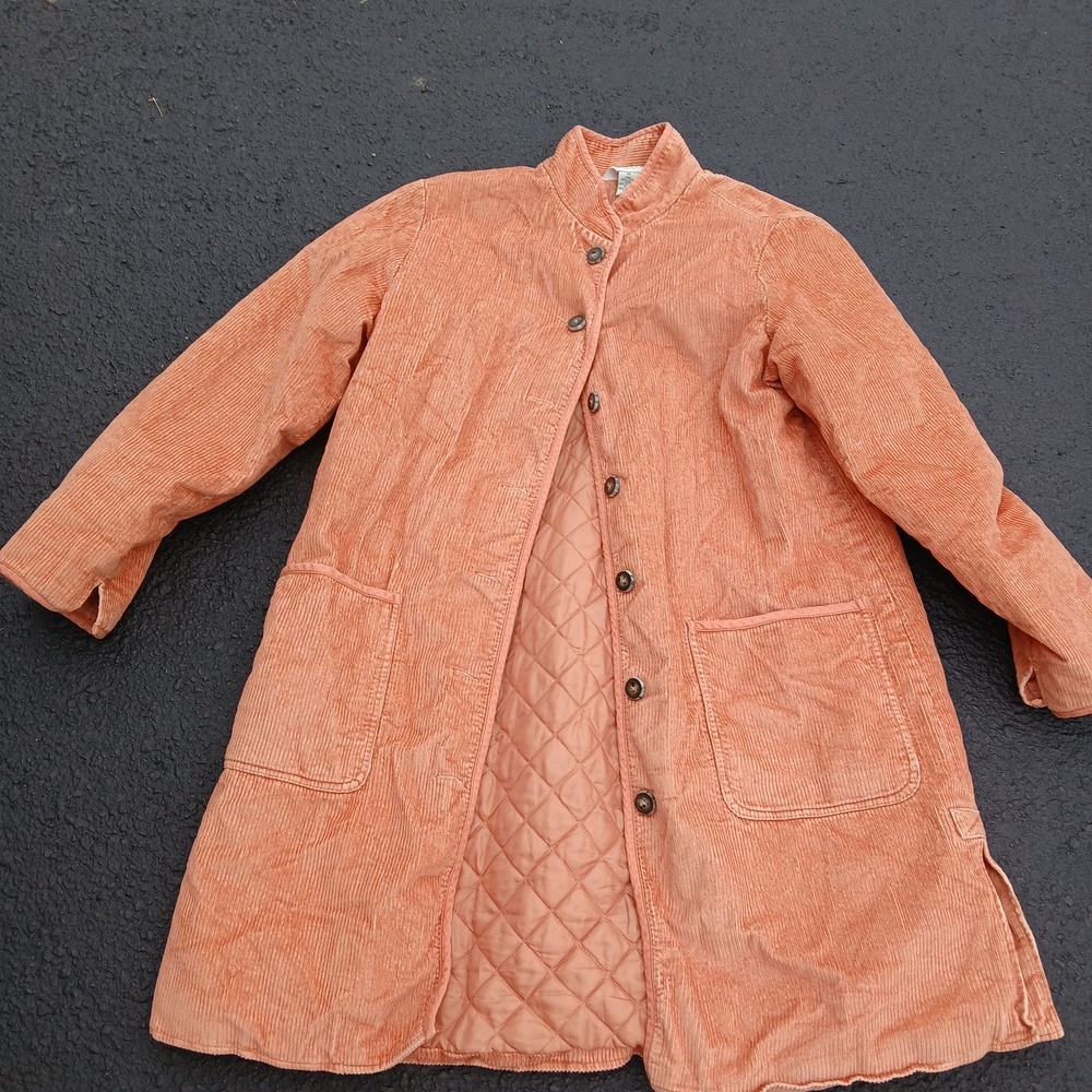 Orvis Coat Womens 14 Orange Corduroy Quilted Lined Button Front Mid Length Warm